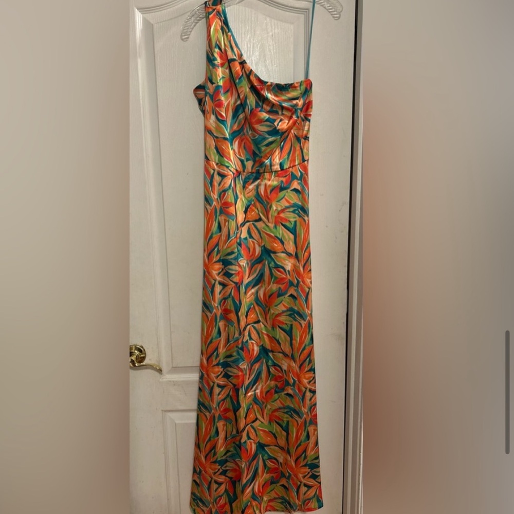 NEW- NICOLE MILLER Tropical Silk Maxi Dress- Size 2 One Shoulder